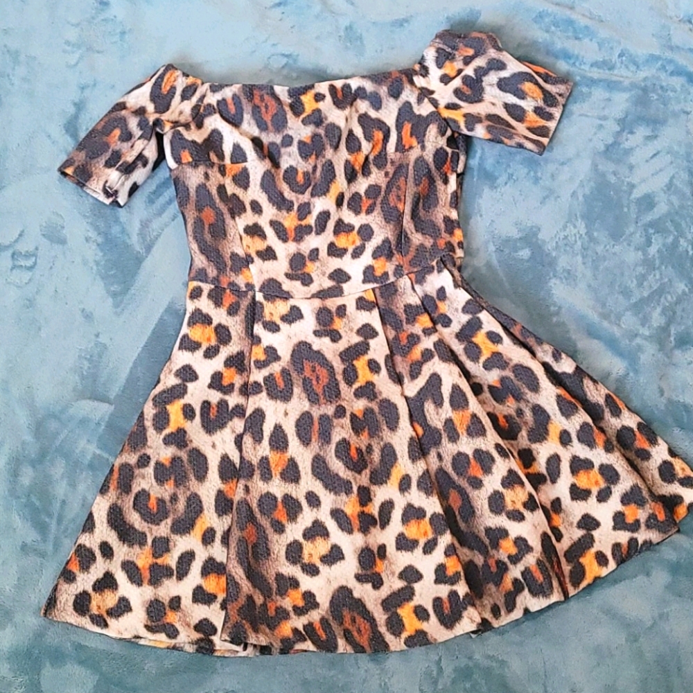Leopard print off shoulder mini dress